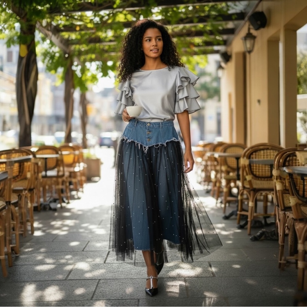 Black Tulle Overlay Denim Midi Skirt